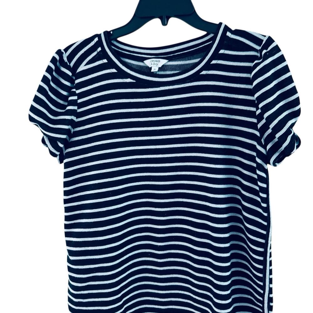 Crown &‎ Ivy Women’s M Medium Sweater Blue White Striped Scoop Neck Puff Sleeves
